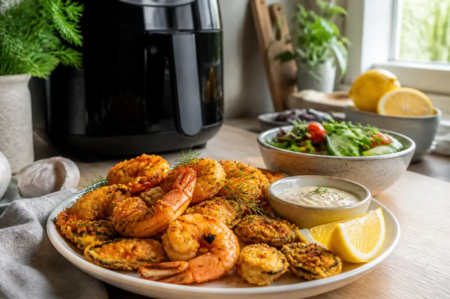 Sprøde rejer og skaldyr i airfryer
