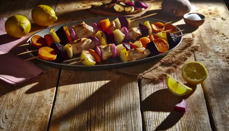 Citronglaserede kyllingespyd med bagte rodfrugter i airfryer
