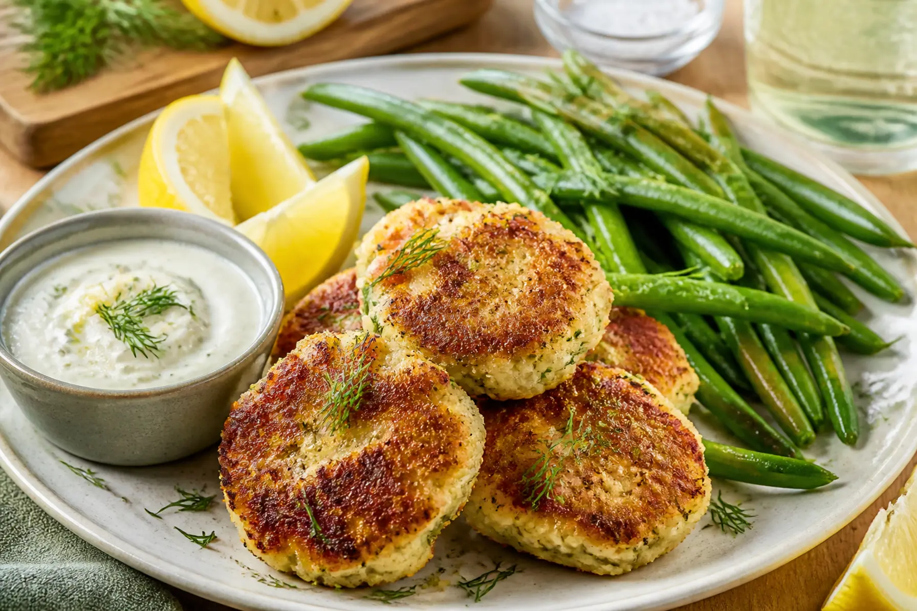 Fiskefrikadeller med grønne bønner og citron