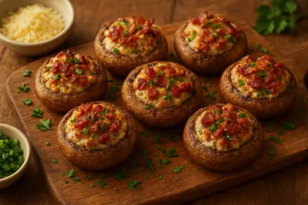 Fyldte champignon med bacon og forårsløg