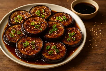 Glaserede aubergineskiver med honning og soja