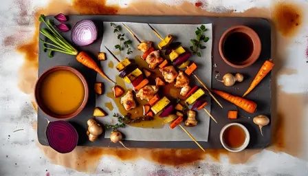 Honningglaserede kyllingespyd med bagte rodfrugter tilberedt i airfryer