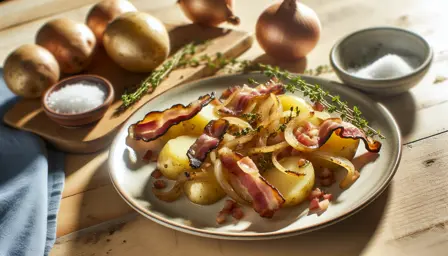 Karamelliserede løg og baconkartofler i airfryer