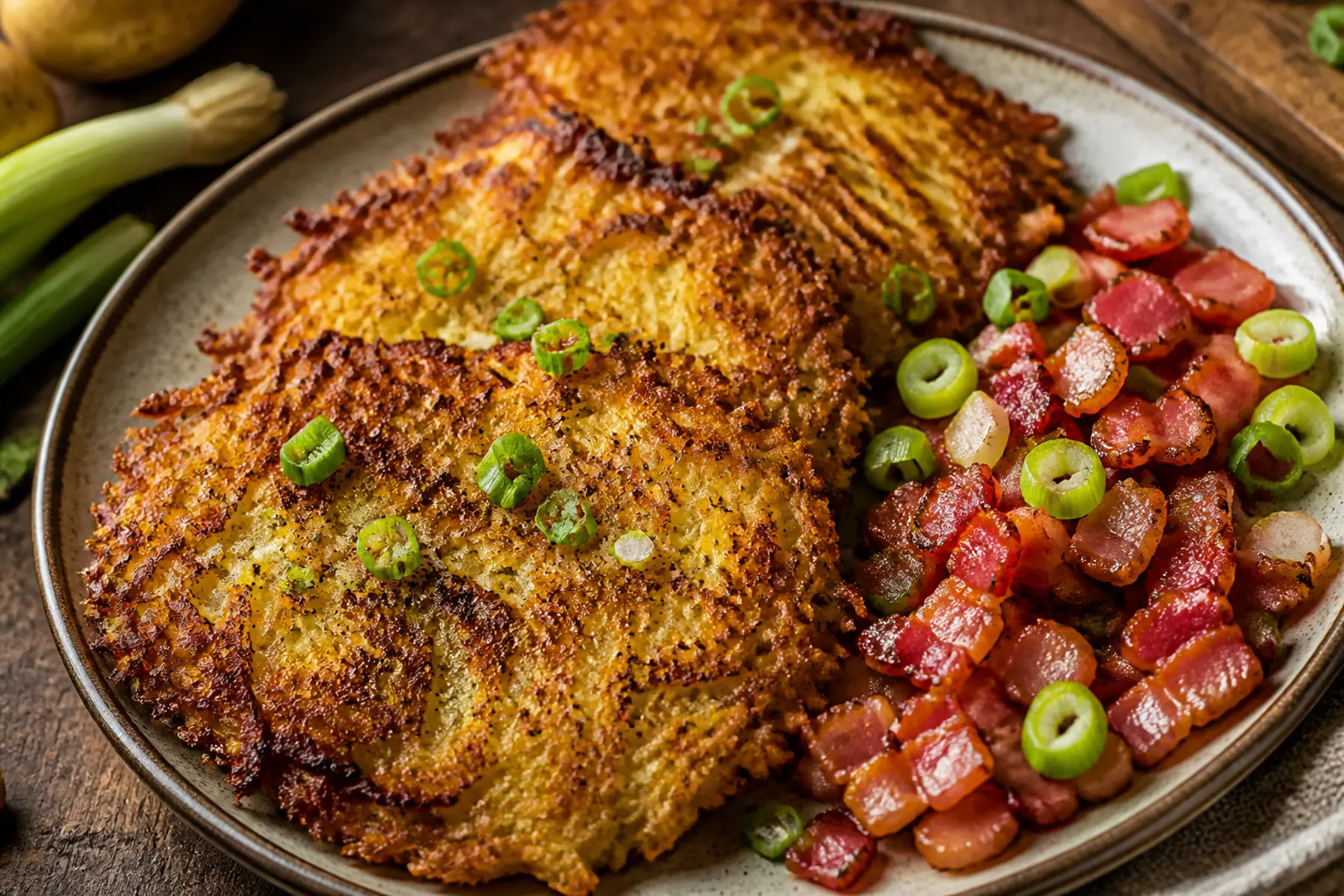 Kartoffelrösti med bacon og forårsløg