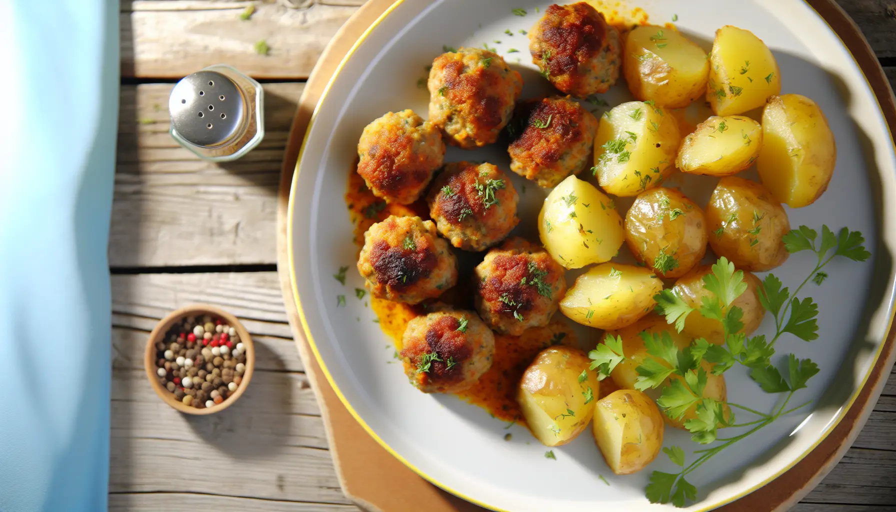 Krydret luftige kyllingefrikadeller med ovnbagte kartofler