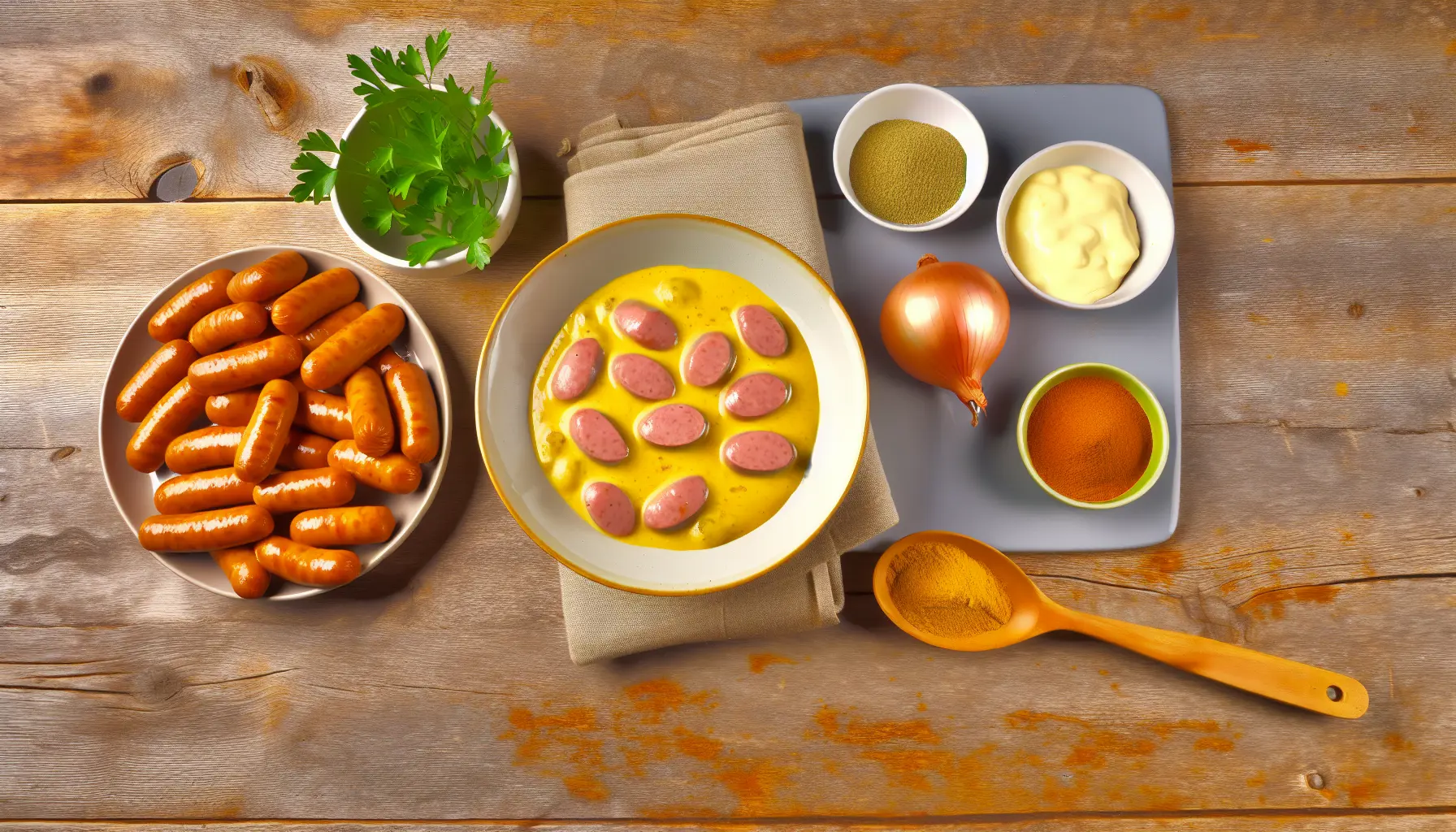 Lune mini-pølser med cremet karrysauce