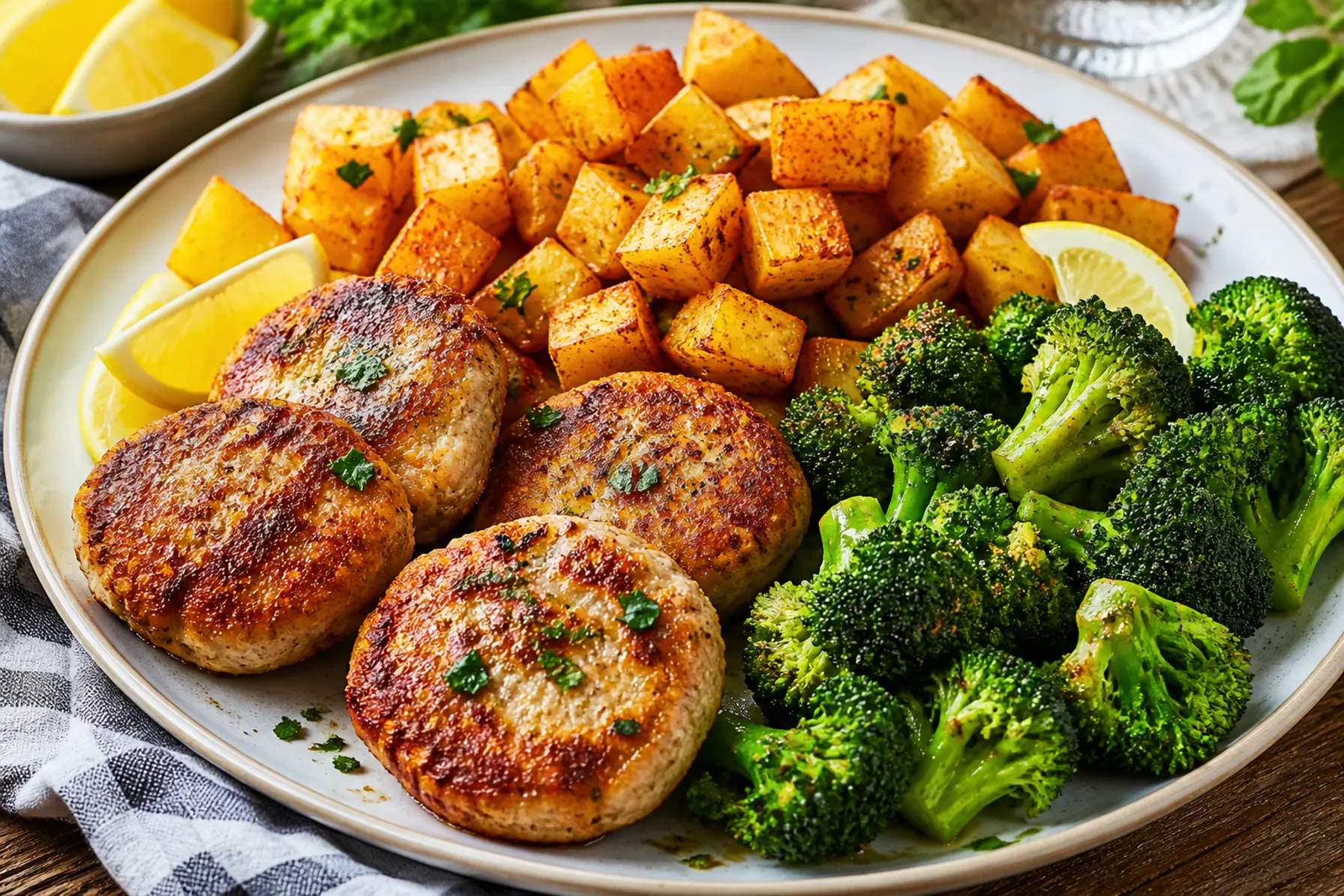 Kyllingefrikadeller med kartofler og broccoli