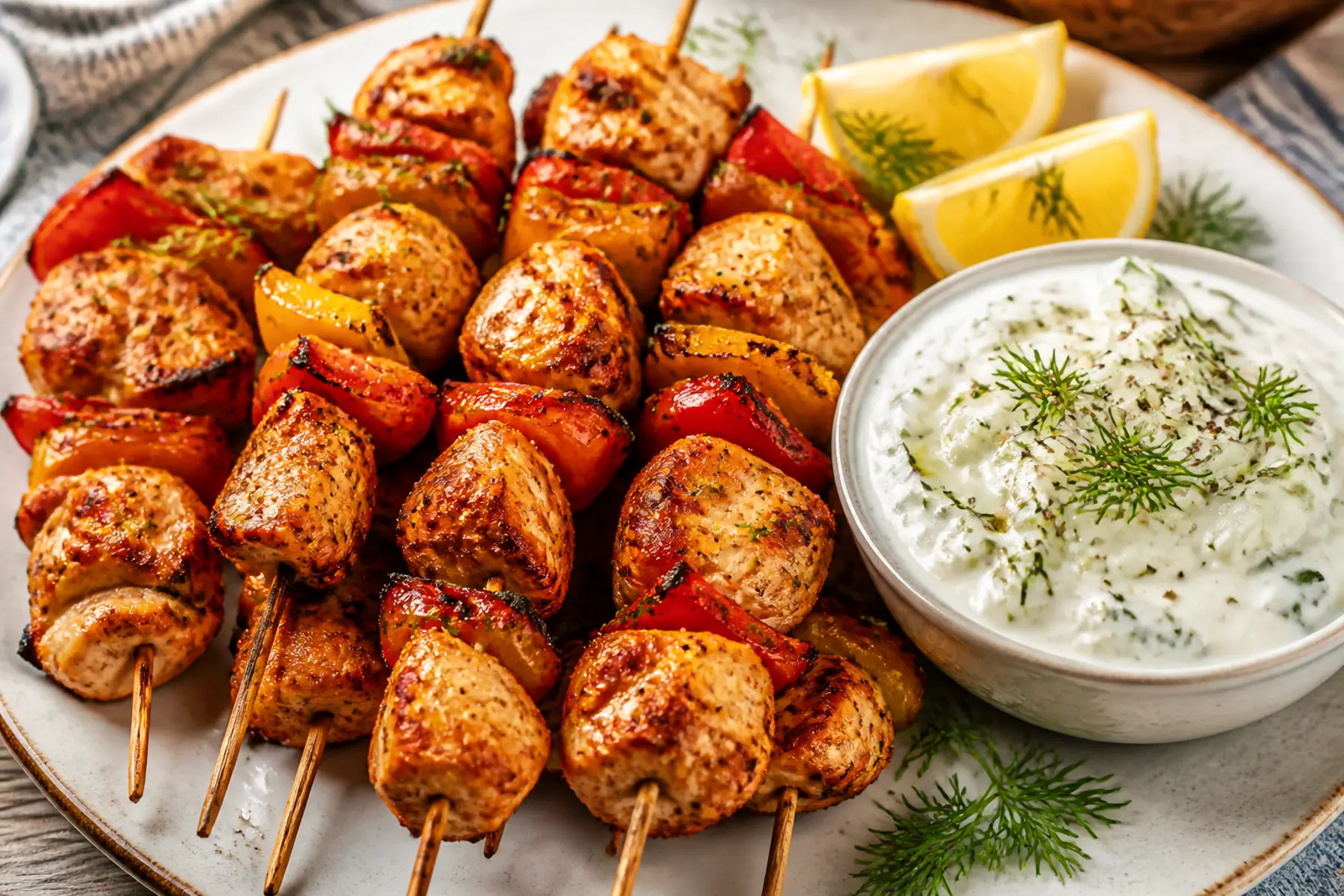 Kyllingespyd med peberfrugt og tzatziki