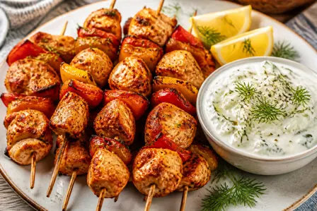 Kyllingespyd med peberfrugt og tzatziki