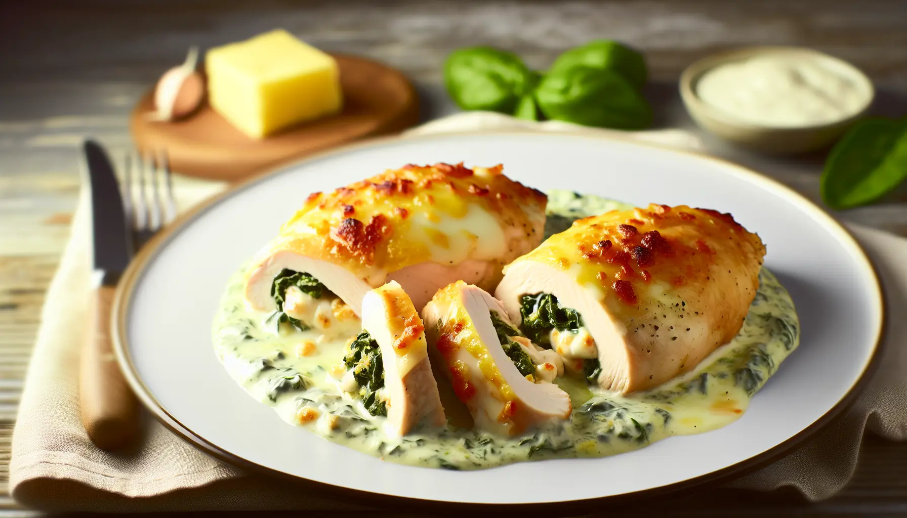 Fyldte kyllingebryster med cremet spinatsauce