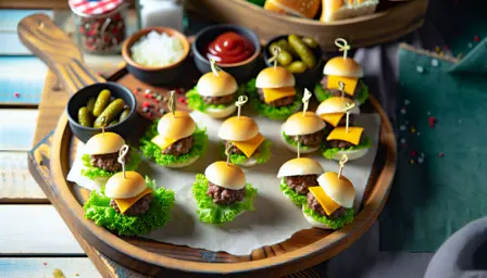 Mini cheeseburger bites på fad
