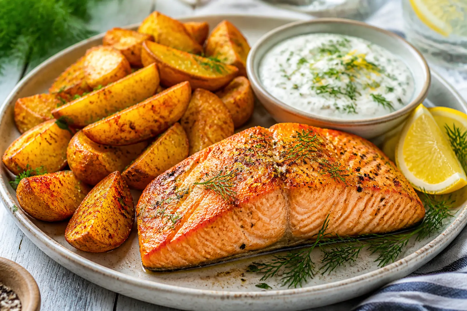 Laks med kartoffelbåde og dilddip