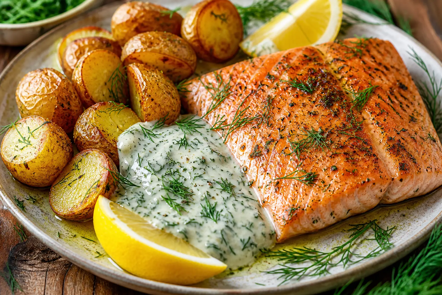 Laks med kartofler og dilddressing