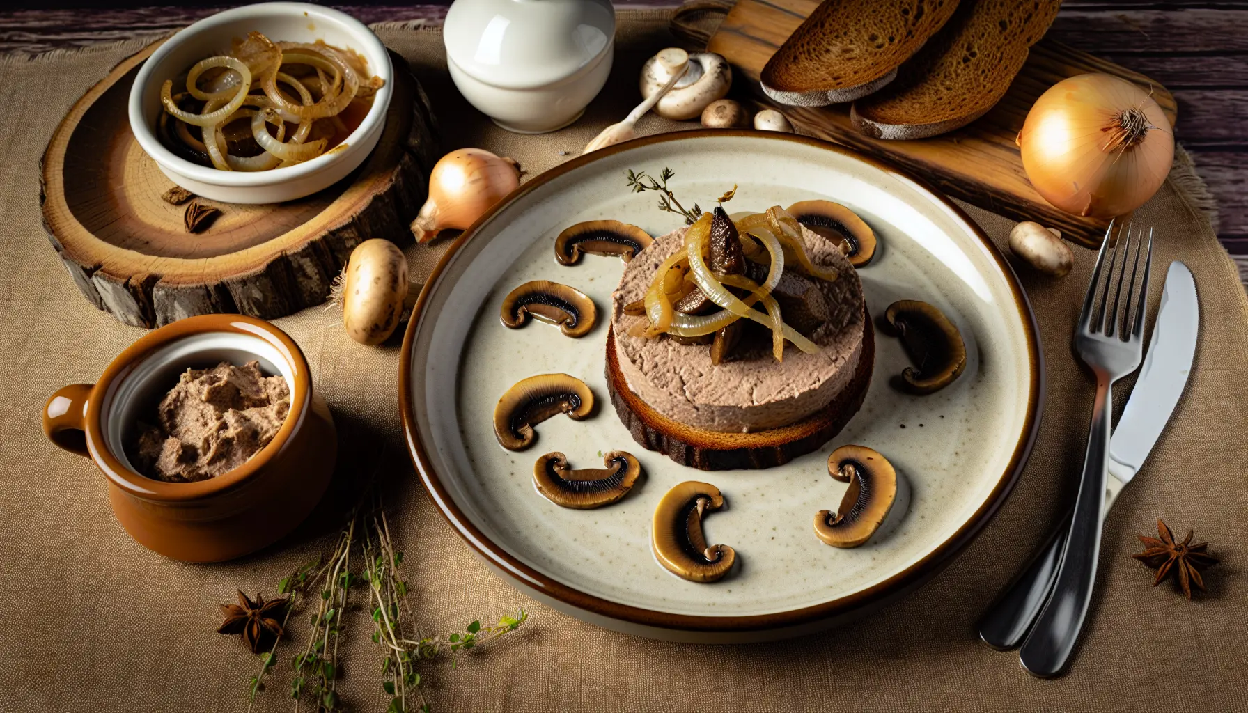 Lun leverpostej med sprøde svampe og karamelliserede løg