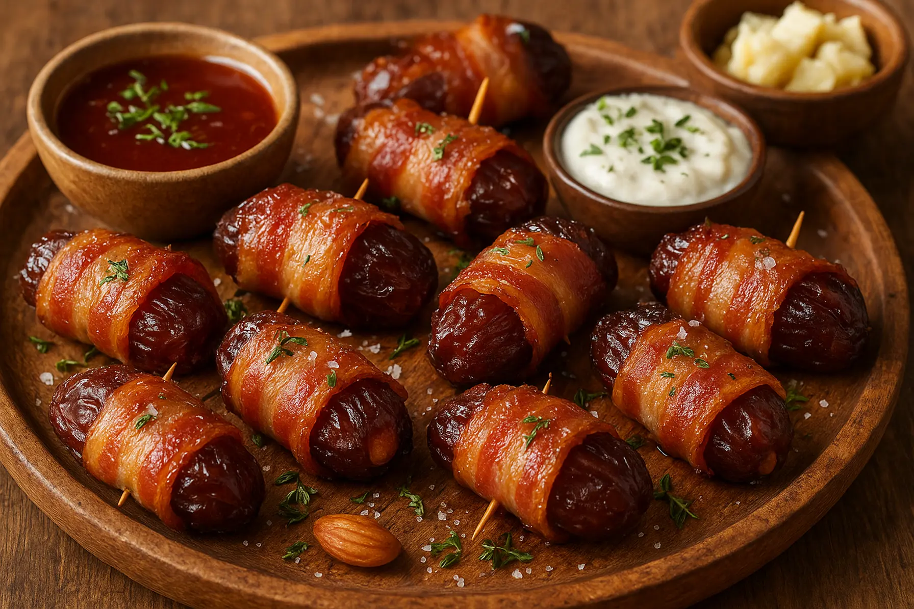 Lune baconindviklede dadler med mandelfyld