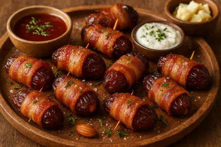 Lune baconindviklede dadler med mandelfyld