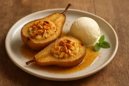 Lune bagte pærer med marcipan og mandler