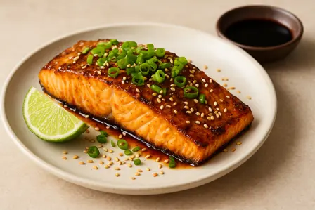 Miso-glaseret laks med forårsløg og sesam