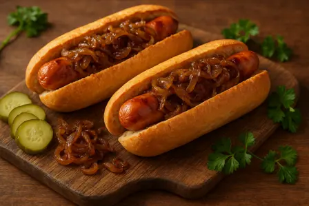 Pølsebåde med karamelliserede løg