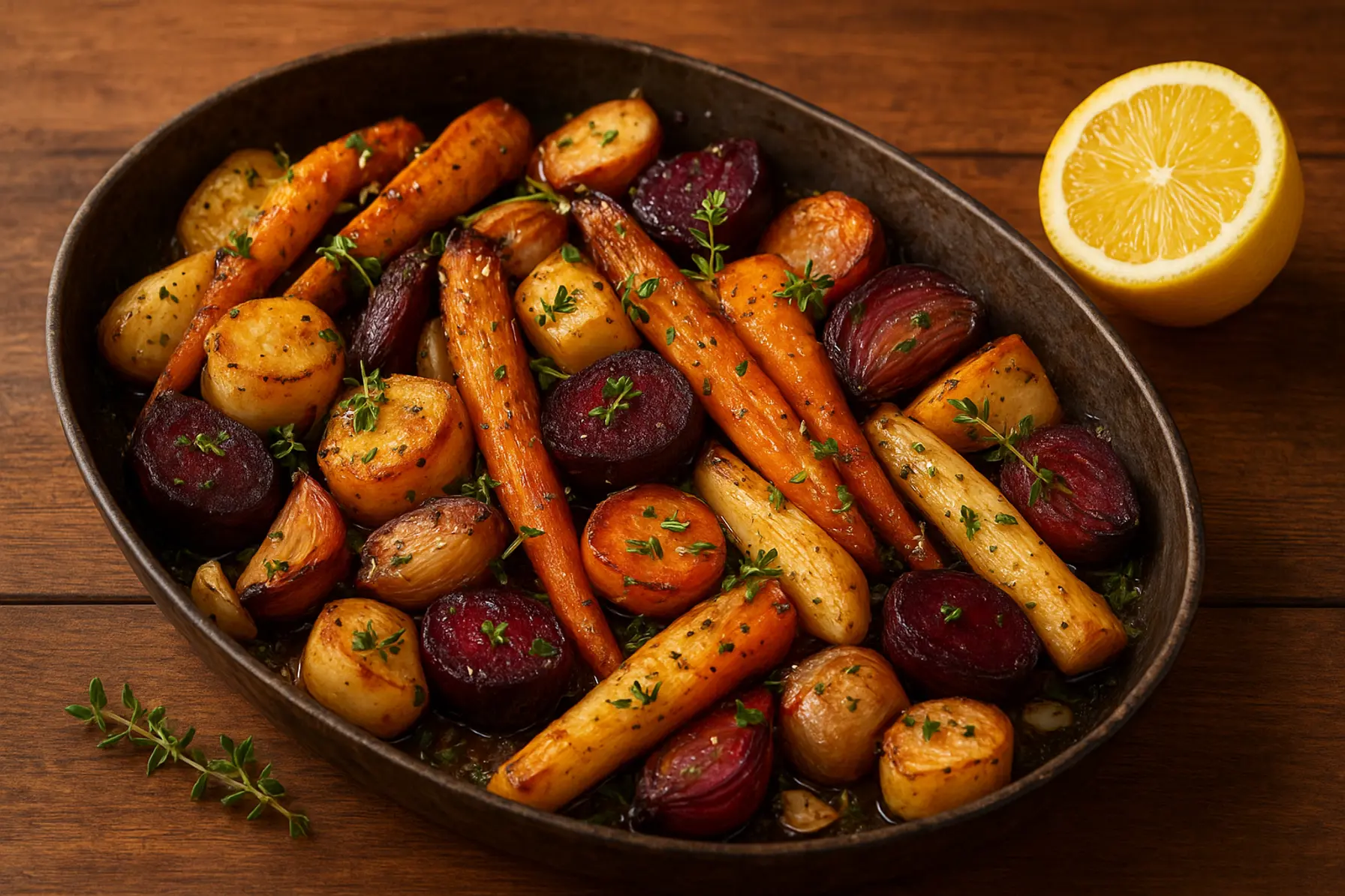 Ristede rodfrugter med timian og hvidløg