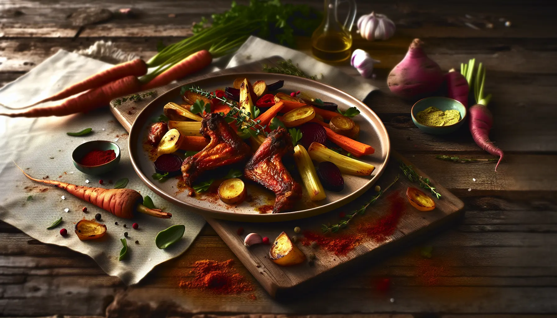 Røget paprika kyllingevinger med ovnbagte rodfrugter