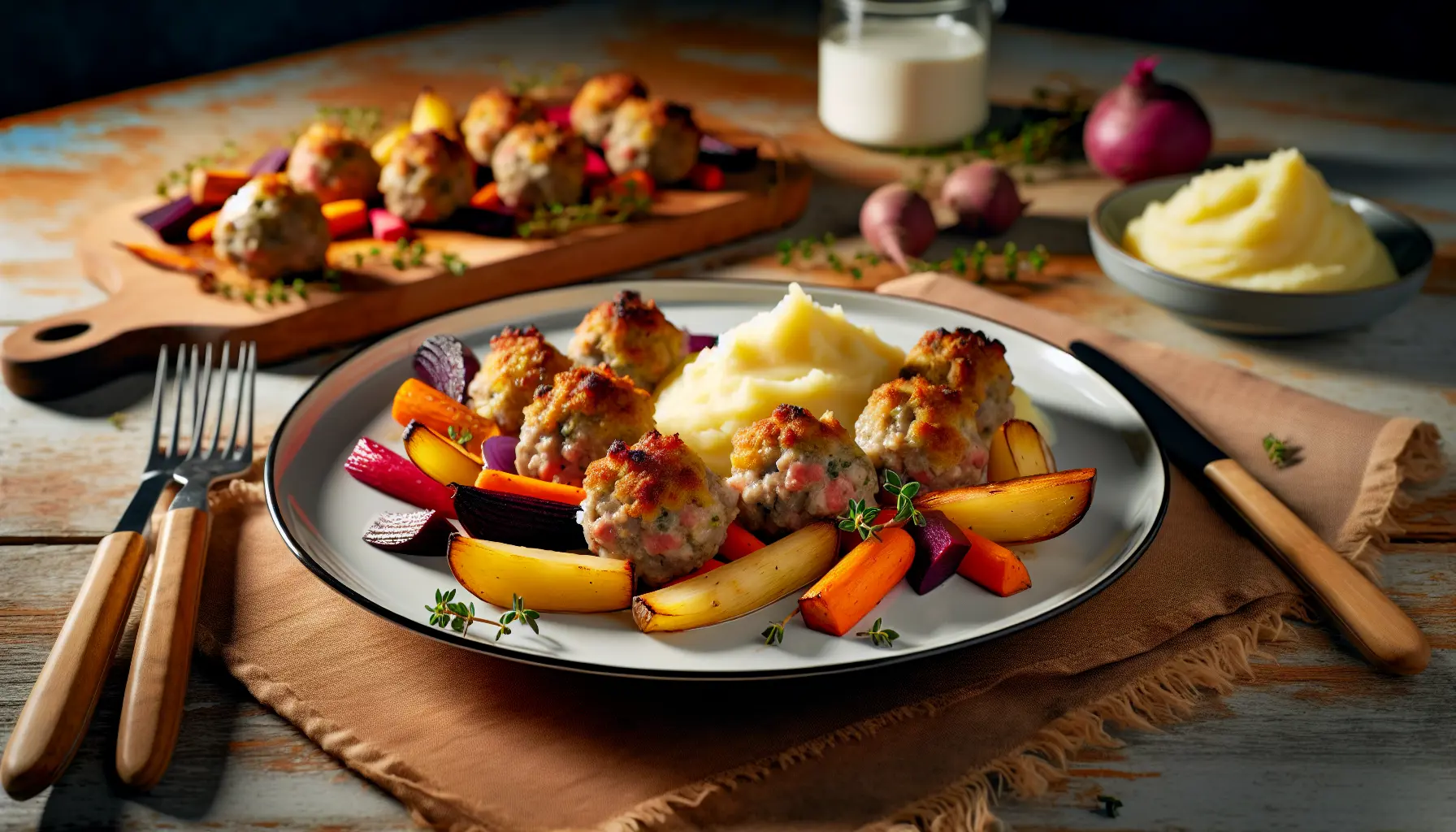 Saftige frikadeller med ristede rodfrugter og cremet kartoffelmos