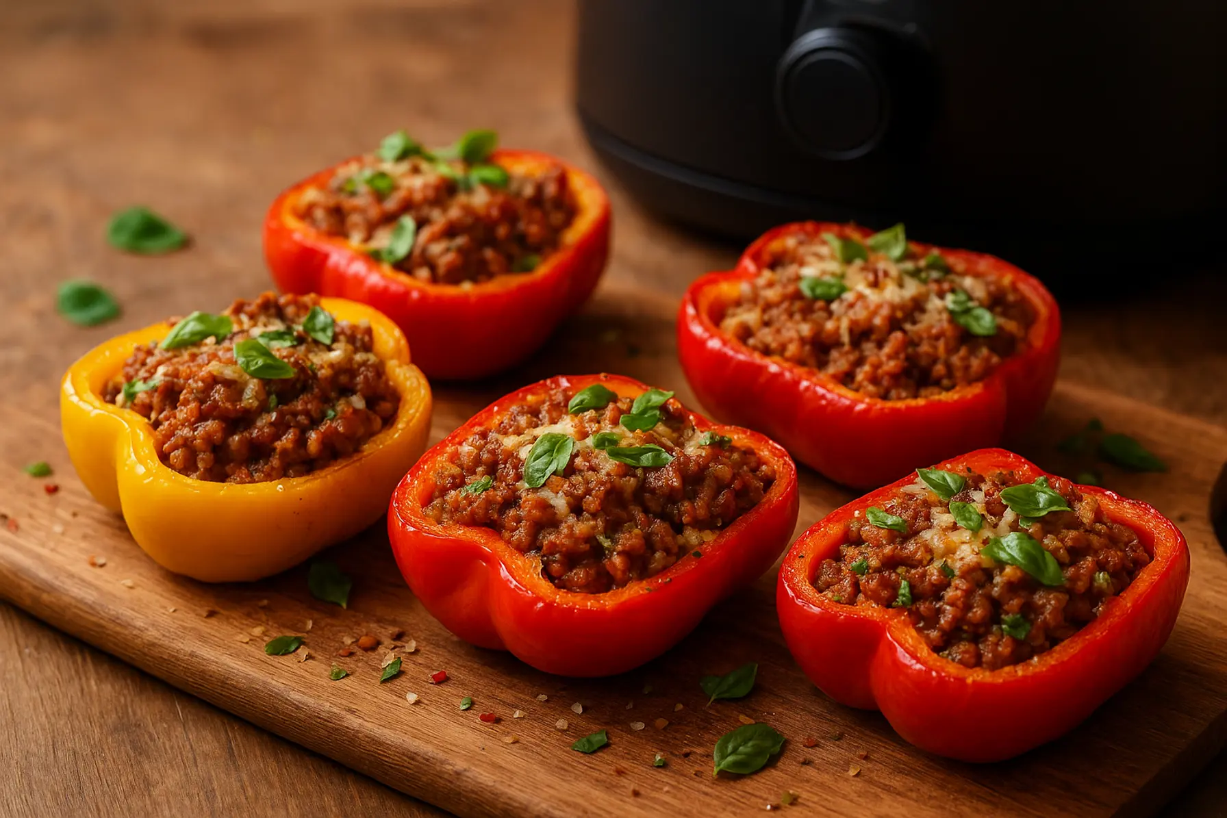 Saftige fyldte peberfrugter med oksekød og basilikum