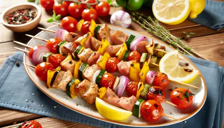 Saftige grillmarinerede svinefiletspyd med farverige sommergrøntsager