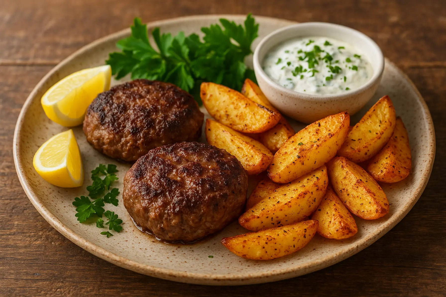 Saftige hakkebøffer med kartoffelbåde