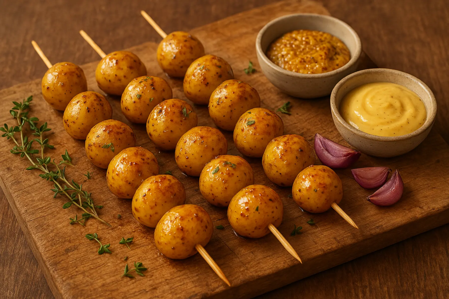 Sennepsglaserede kartoffelspyd på træspyd