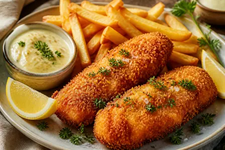 Sprød fiskefilet med pommes frites og remoulade
