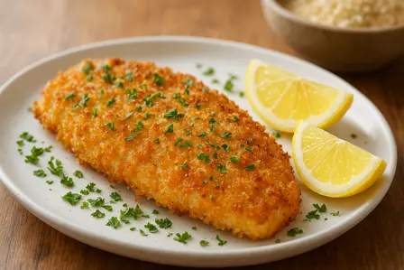 Sprød panko-paneret torskefilet med citron