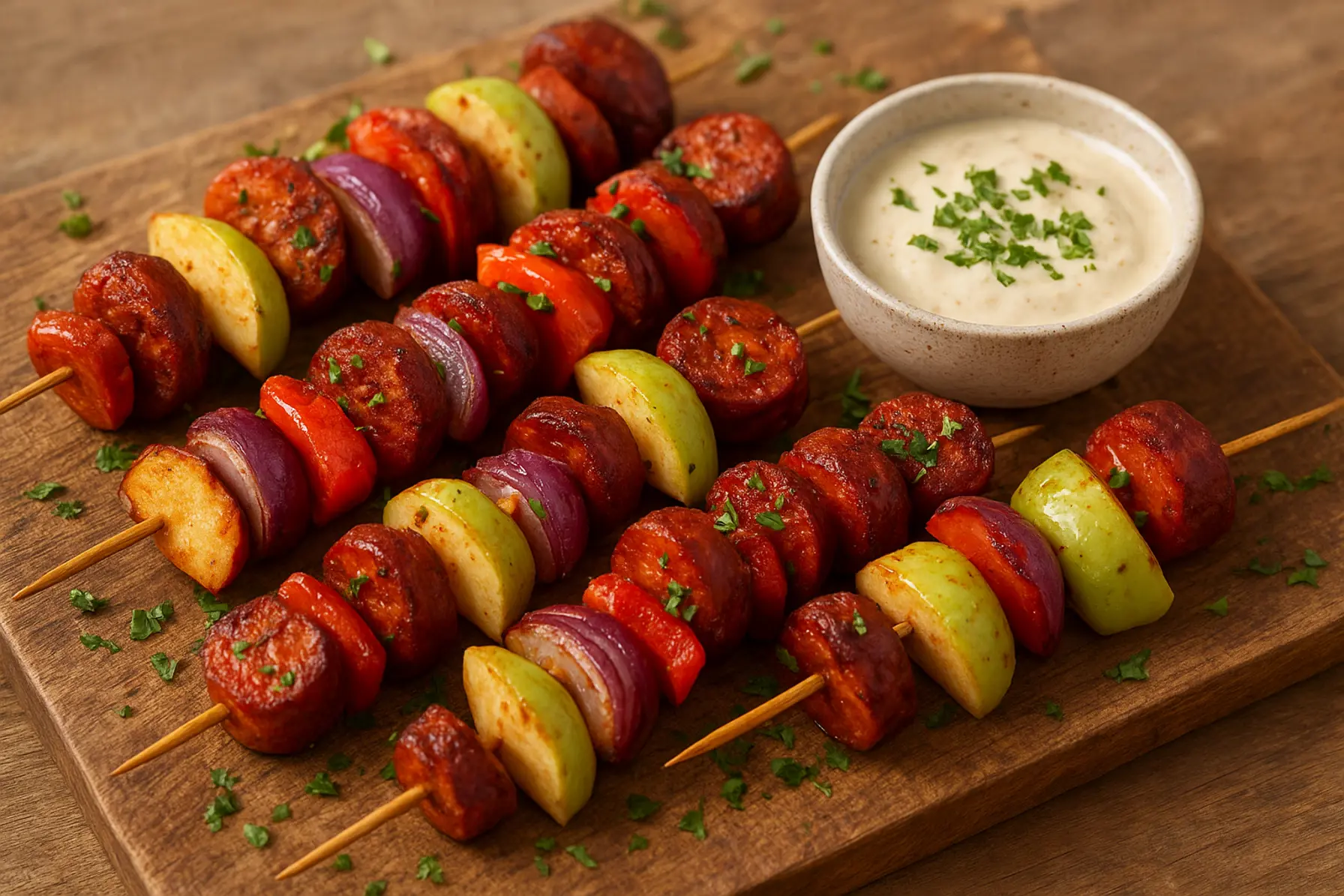 Sprøde æble- og chorizospyd