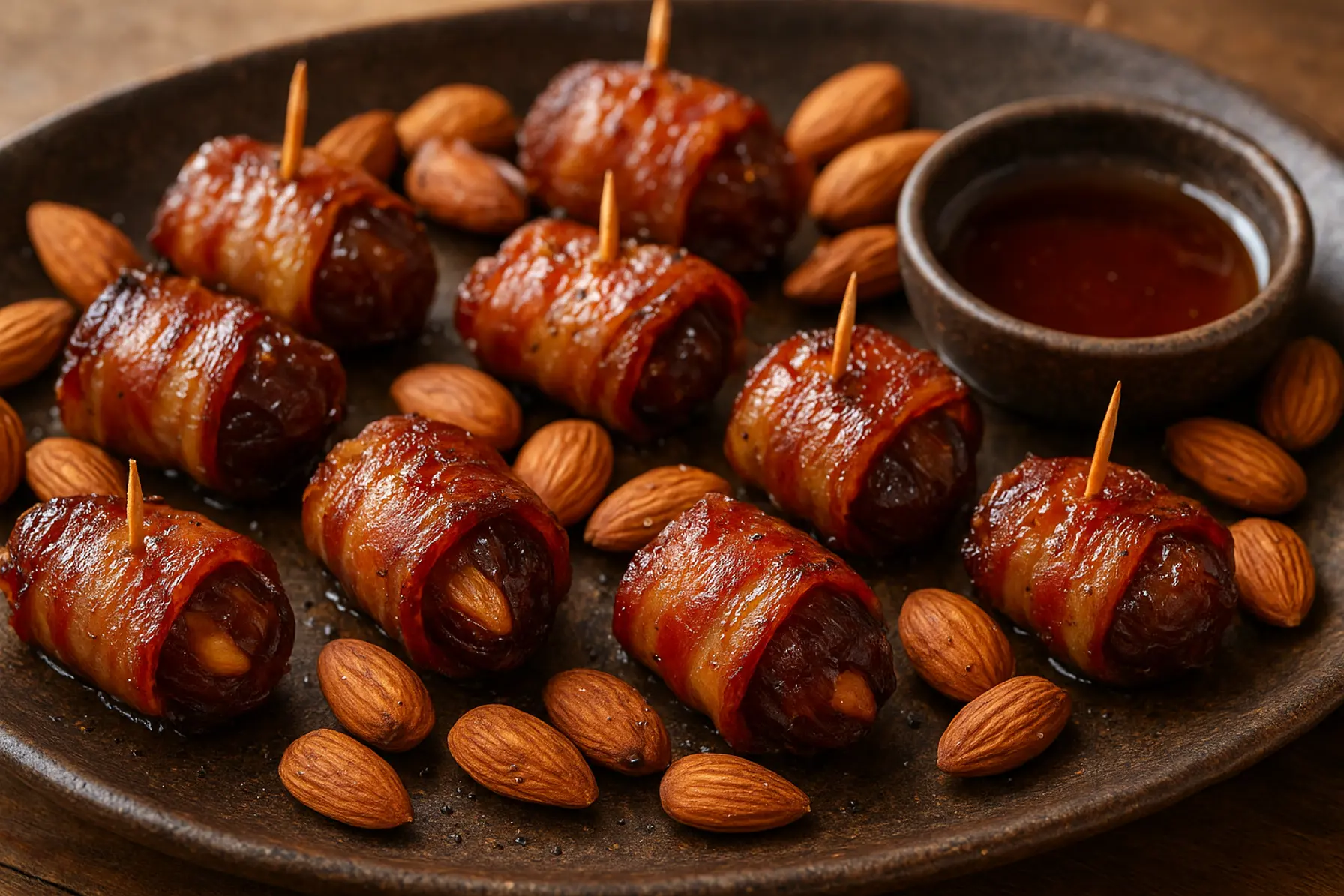 Baconindpakkede dadler med mandelfyld