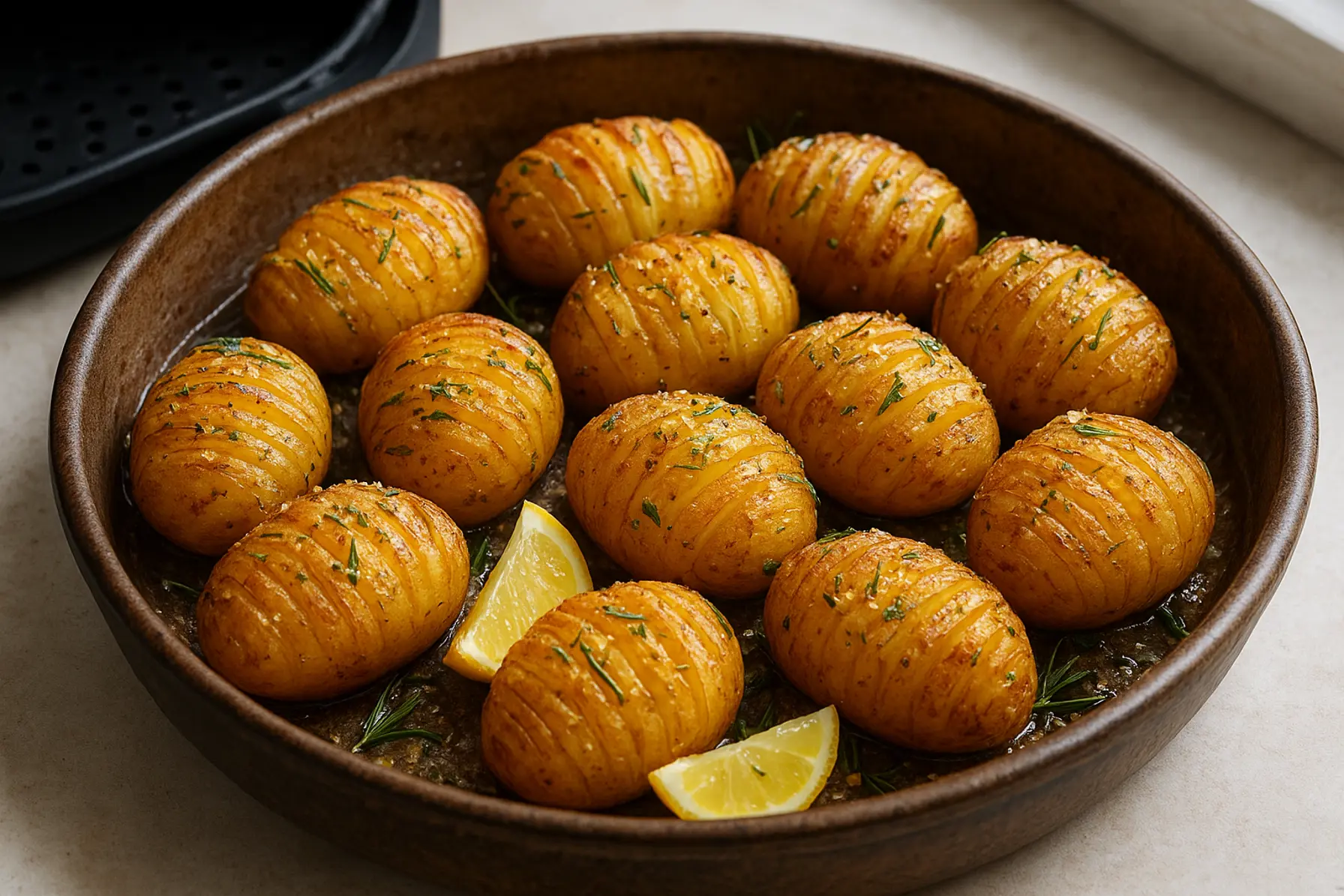 Sprøde hasselbackkartofler med rosmarin og citron
