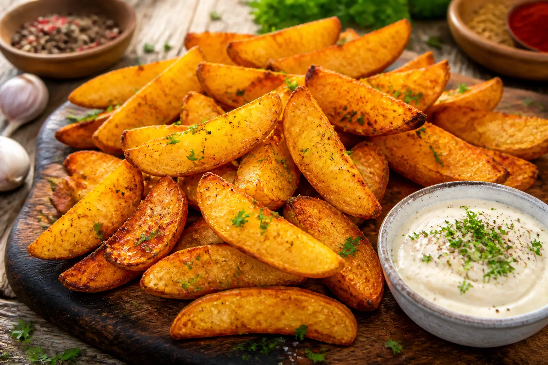 Sprøde kartoffelbåde med paprika og hvidløg