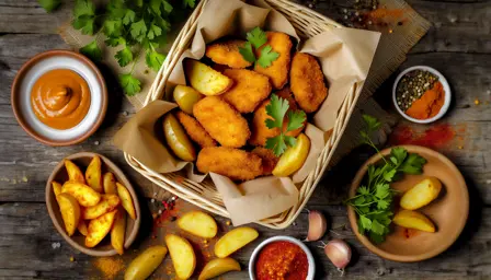 Sprøde kyllingenuggets med krydrede kartoffelbåde i airfryer