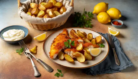 Sprøde panerede fiskefileter med krydrede ovnkartofler i airfryer