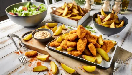 Sprøde Panerede Kyllingenuggets med Ovnbagte Kartoffelbåde