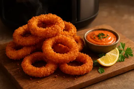 Sprøde panko-paneret løgringe med paprikaaioli