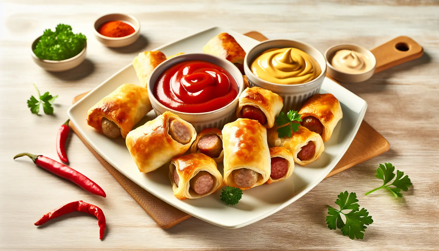 Sprøde Pølseruller med Krydret Ketchup og Cremet Sennep