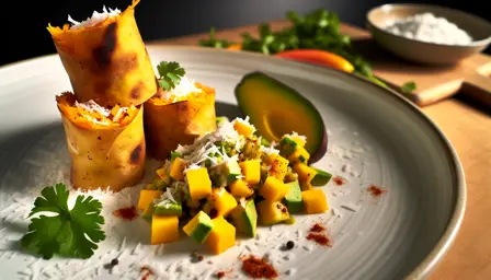 Sprøde Søde Kartoffelruller med Mango-Avocado Salsa og Ristet Kokos