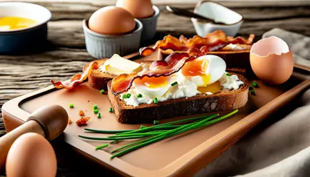 Sprødstegt rugbrød med cremet æg og smørstegt bacon