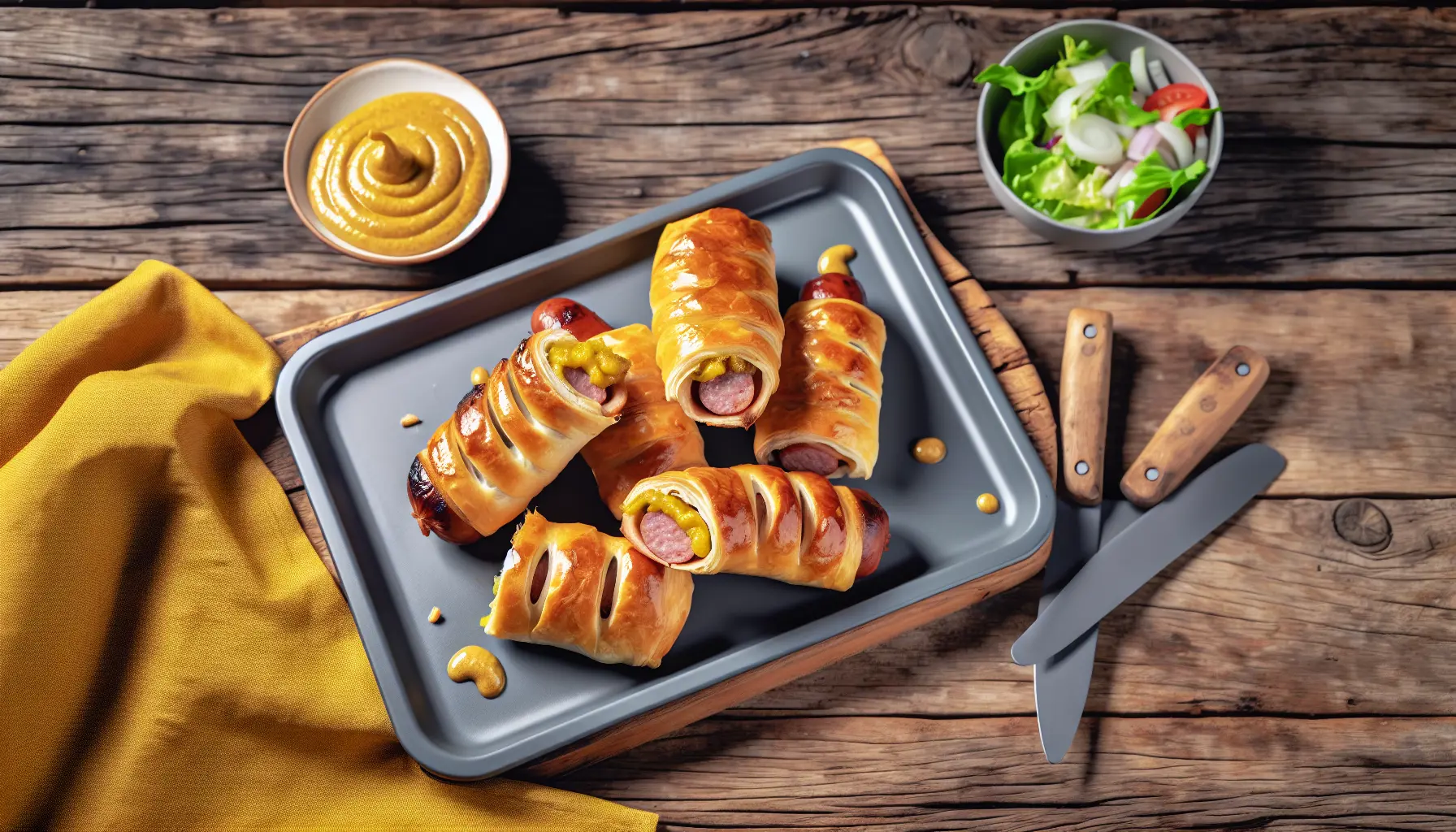 Sprøde Grillede Pølsehorn med Pikant Sennep og Karamelliserede Løg